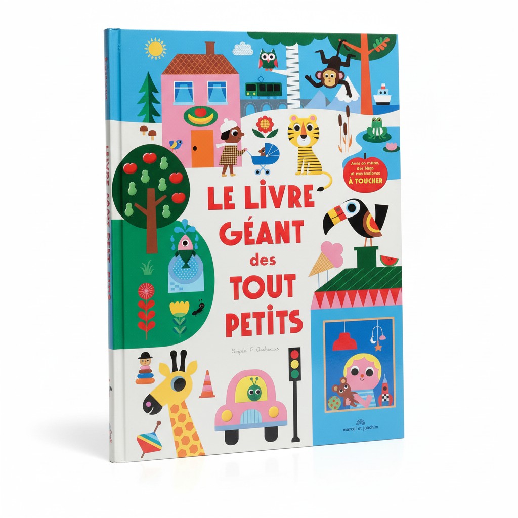 Un livre de très grande taille où bébé peut être allongé dessus et toucher les différentes textures, flaps, miroirs, différentes scènes comme la ville, le voyage..