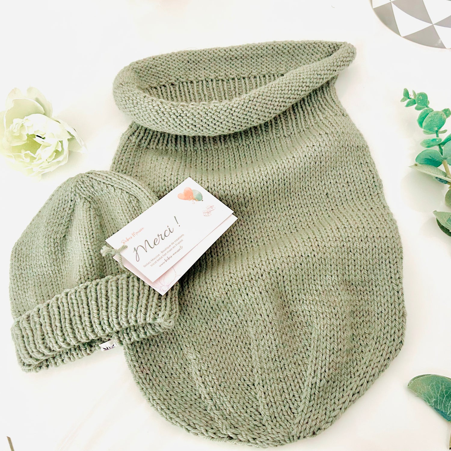 Cocon de naissance et son bonnet - Laine mérinos