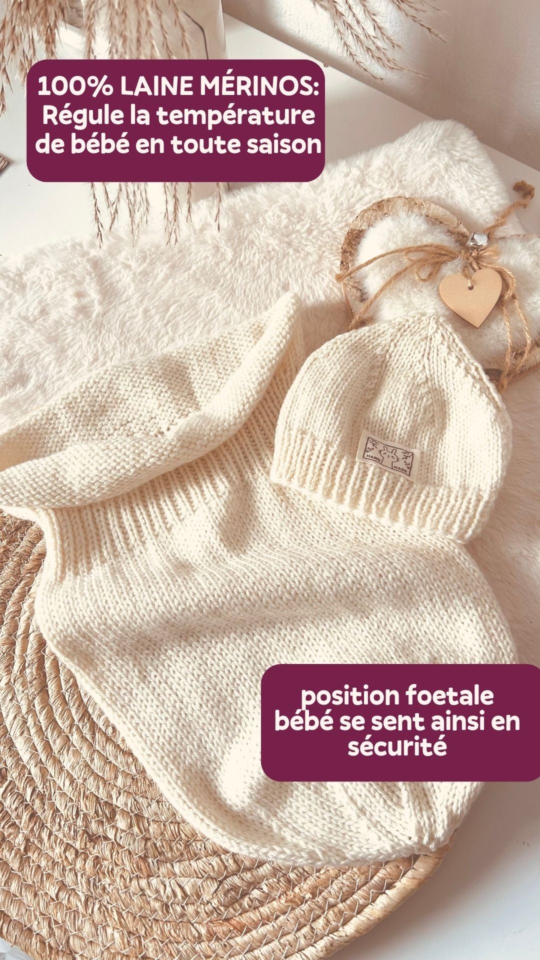 100% laine mérinos: régule la température de bébé en toute saison. Position foetale bébé se sent en sécurité