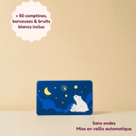 Boîte à histoires, musique et conteuse et bruits blancs pour bébé dès la naissance. Sans ondes, mise en veille automatique et possibilité de s'enregistrer chanter.